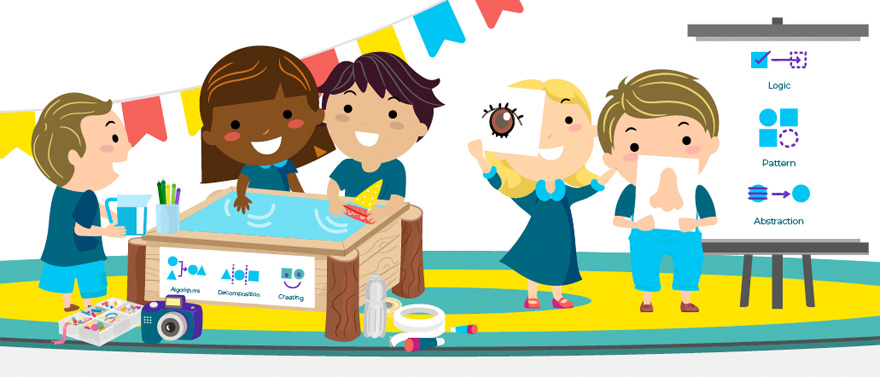 An illustration of children playing and thinking computationally
