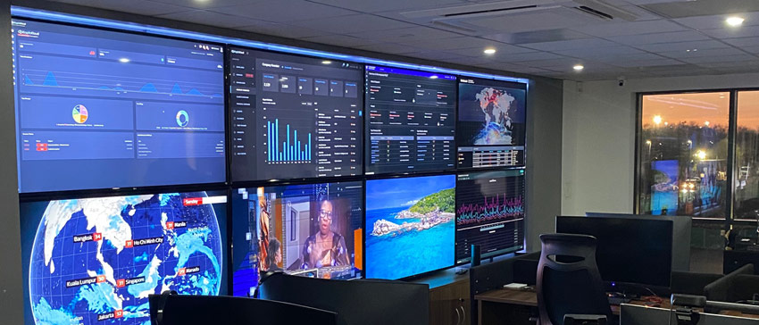 A live situation room wall showing various screens of visual data