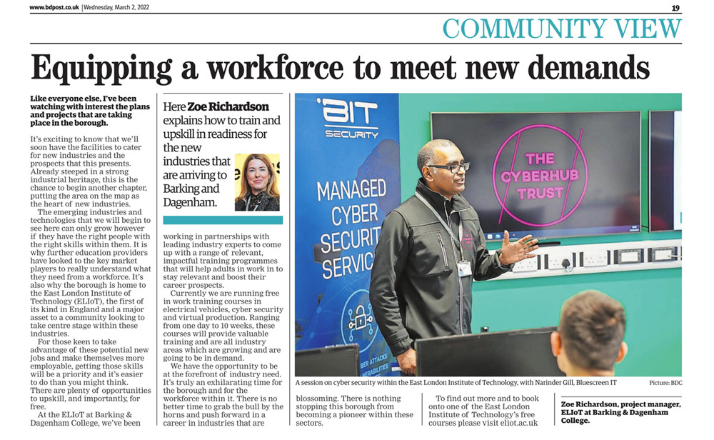 A Barking And Dagenham Press news article about the new CyberHub SOC at Barking & Dagenham College