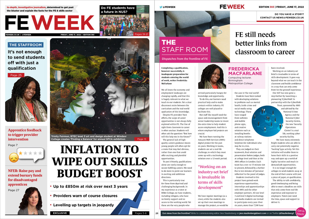 A composite image showing the front cover of FE Week and the page where this article features